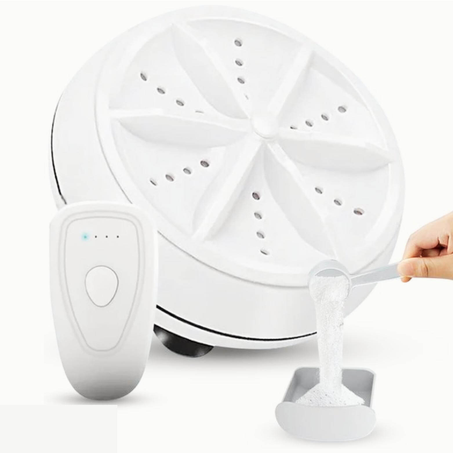 EasyWash Mini-Waschmaschine mit Waschmittelbehälter und Dosierlöffel.