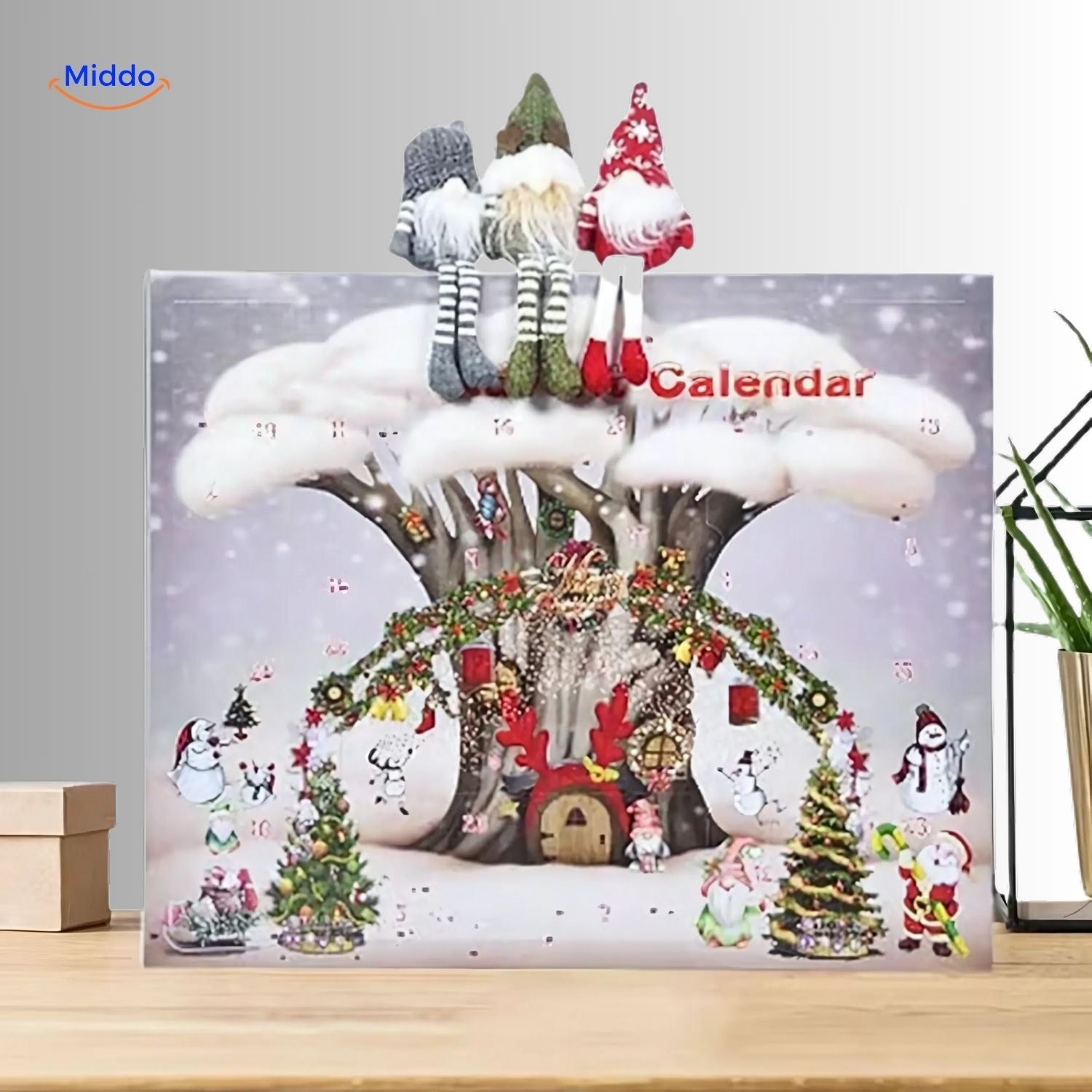 FestiveFrights Plüsch Kalender Boom Szene Adventskalender mit Weihnachtsgnomen www.middo.nl