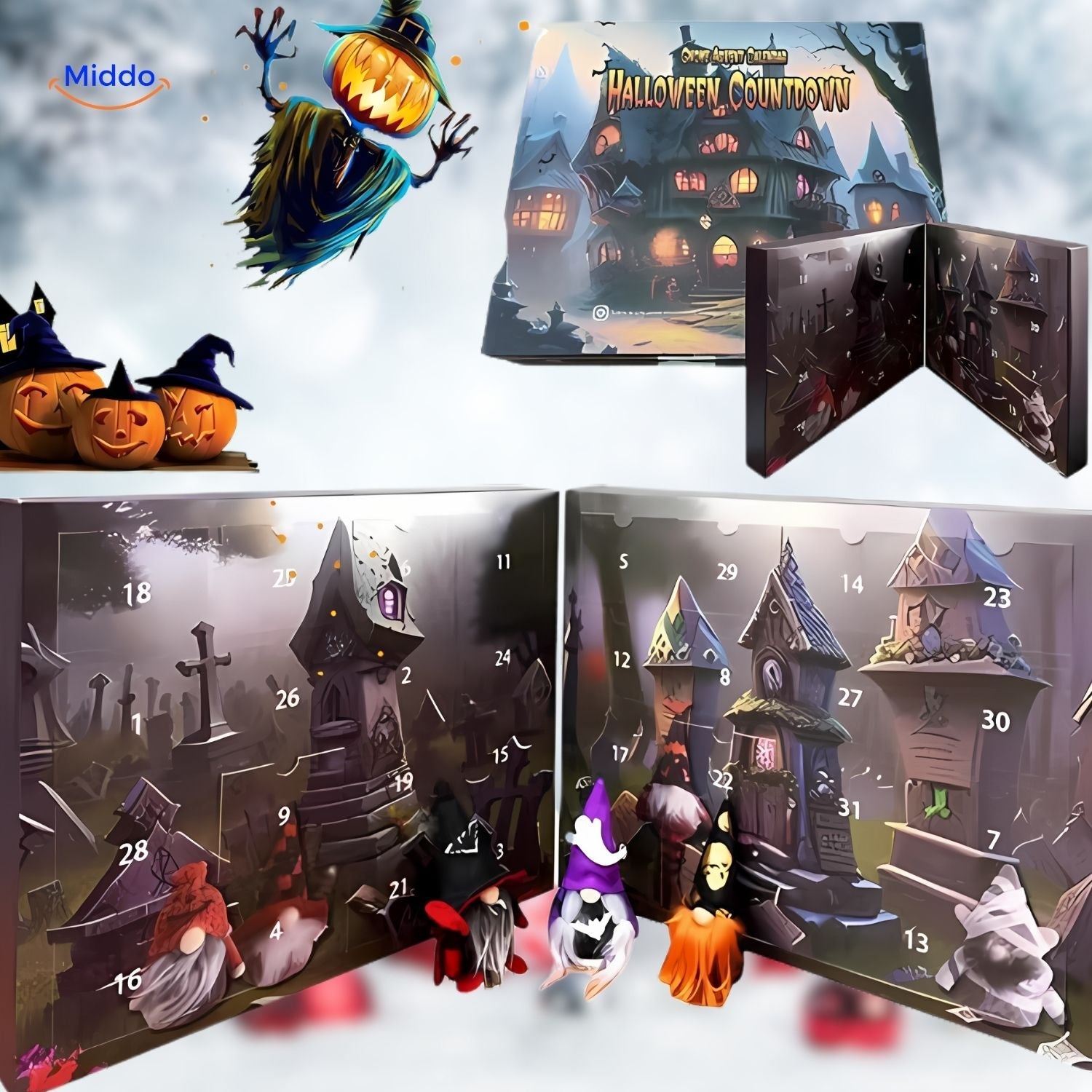FestiveFrights Plüschkalender Halloween Teller mit gruseligen Gnomen www.middo.nl