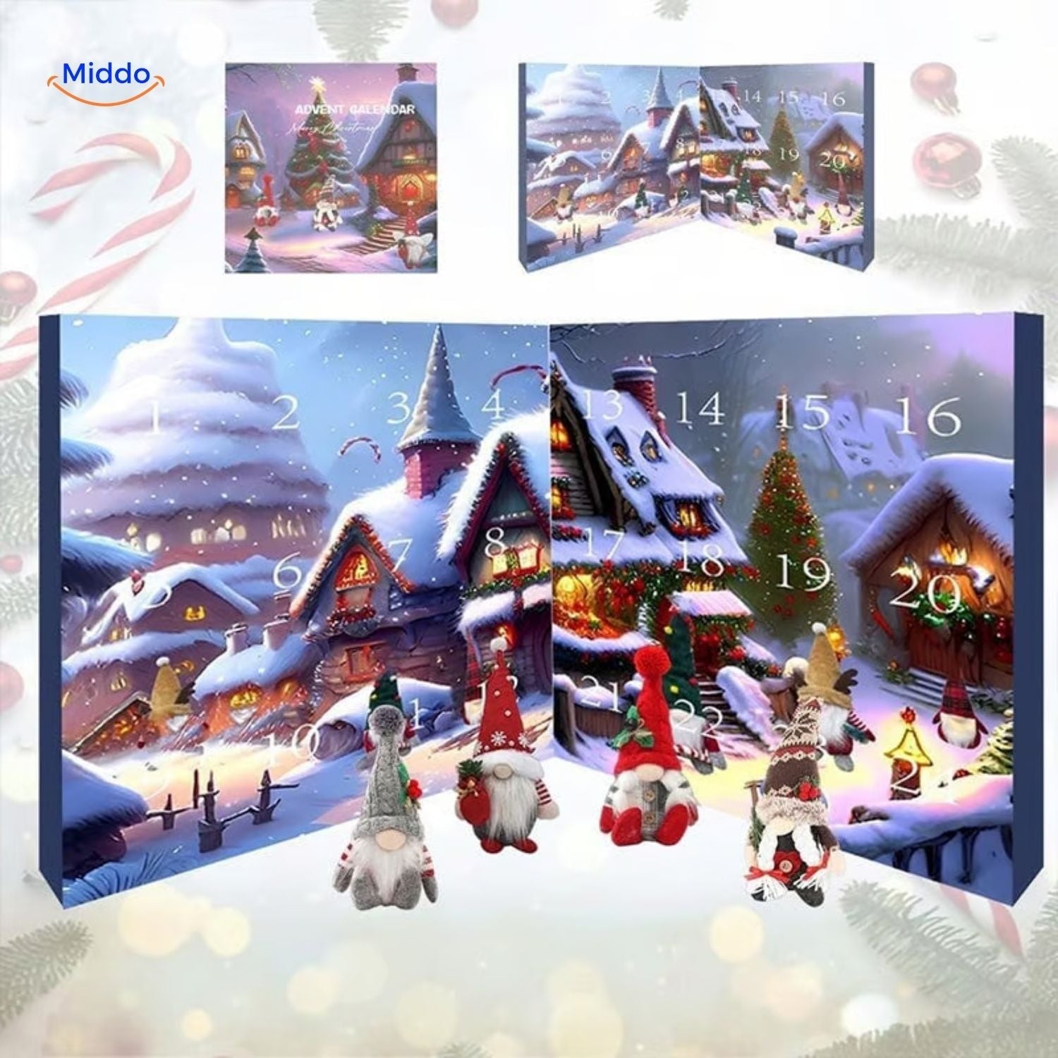 Festliche Schrecken Plüsch Kalender Miniaturhäuschen und Wintergnomen Adventskalender www.middo.nl