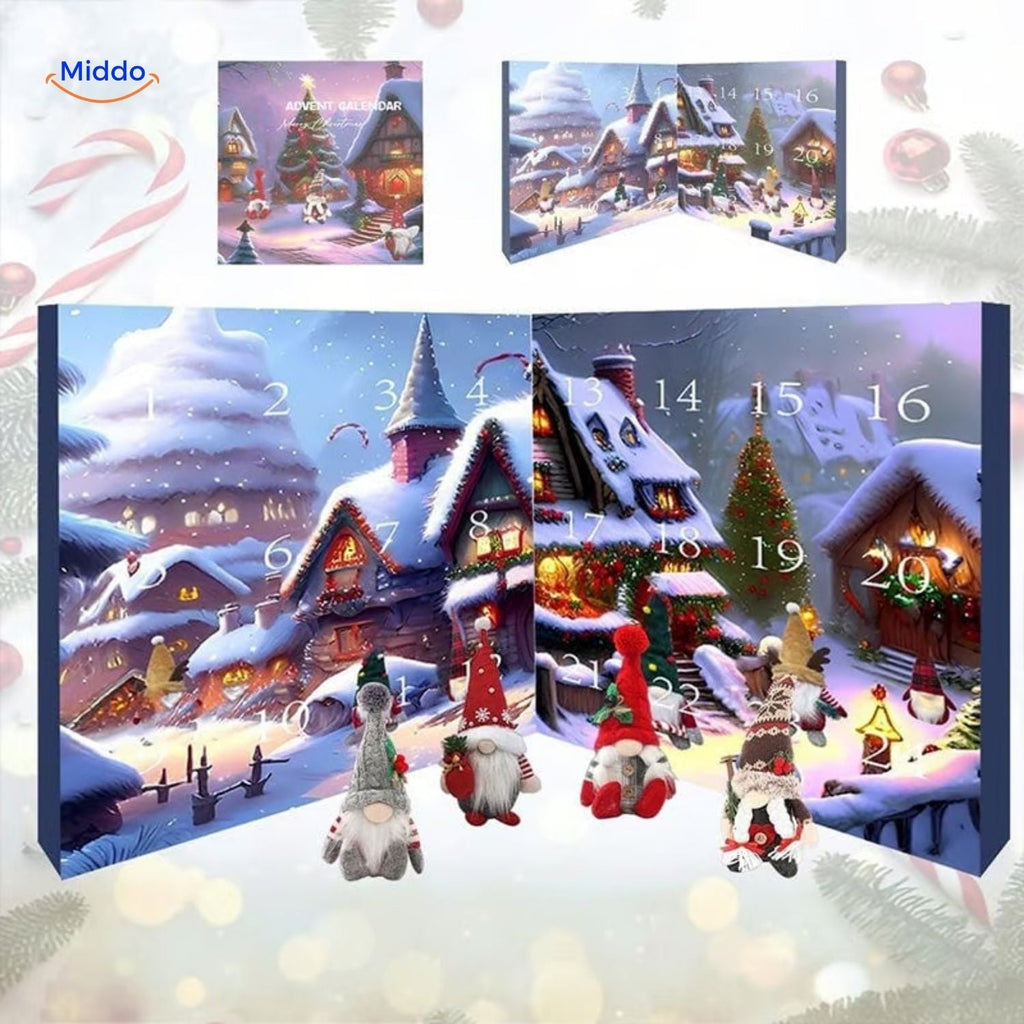 Festliche Schrecken Plüsch Kalender Miniaturhäuschen und Wintergnomen Adventskalender www.middo.nl