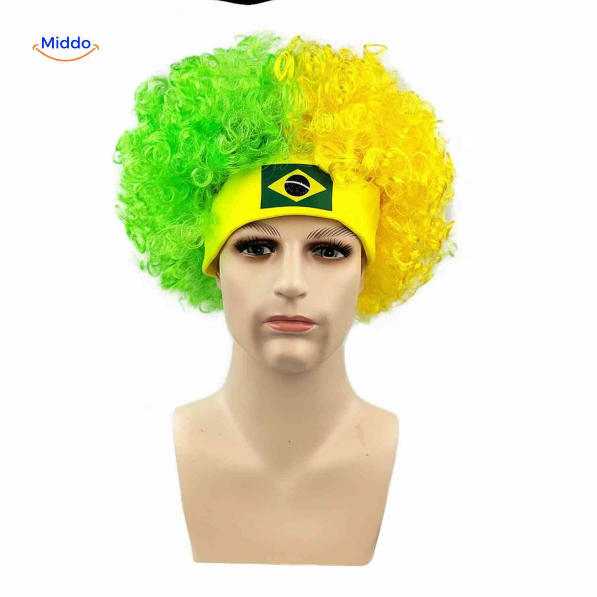 Flagora Perücke grün gelb Lockenperücke Stirnband Brasilien Fan www.middo.de