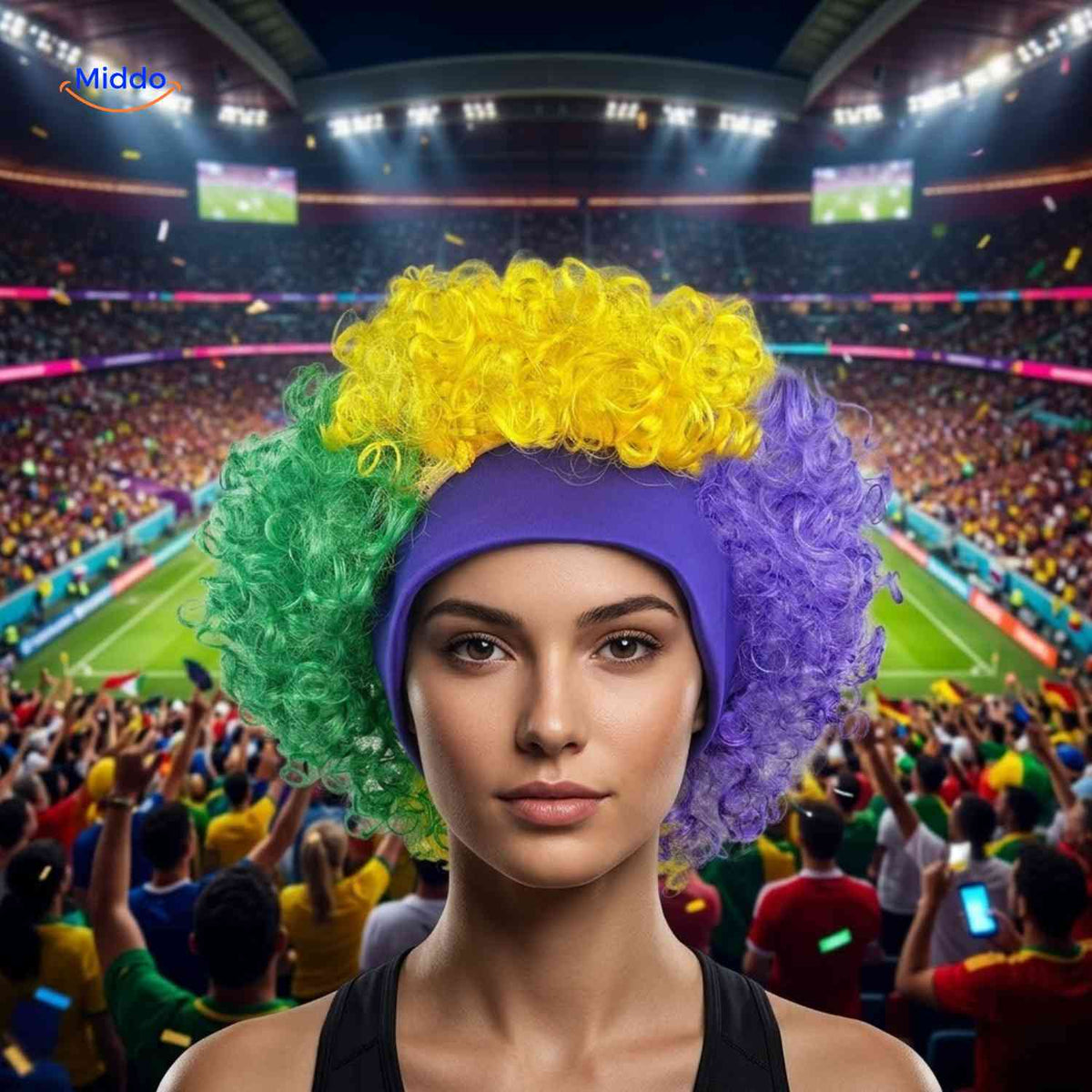 Flagora Perücke multicolor Lockenperücke Stadion Stirnband fan www.middo.de