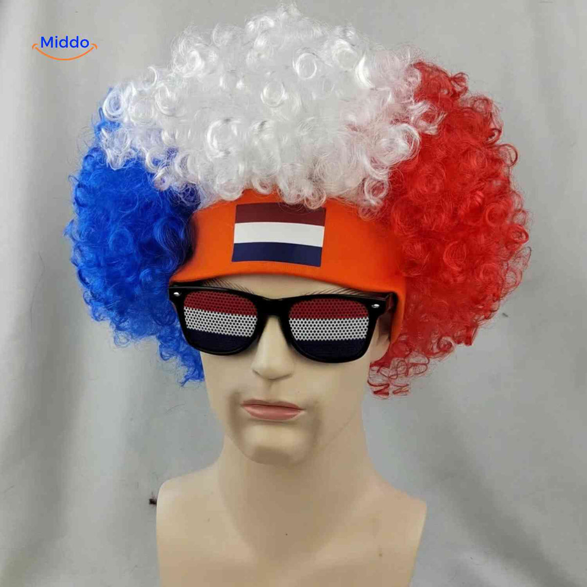 Flagora Perücke rot weiß blau, Lockenperücke mit Brille im Fan-Look