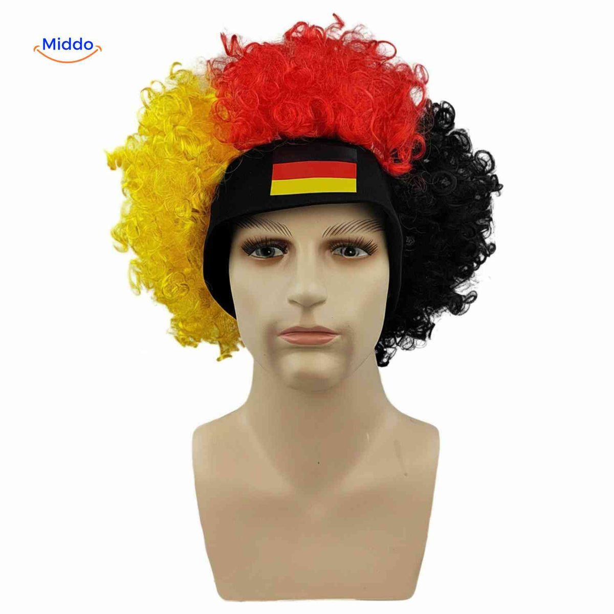 Flagora Perücke schwarz gelb rot Lockenperücke Stirnband Fanartikel www.middo.de