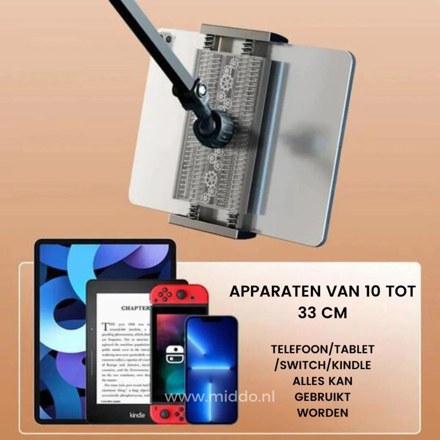 FlexArm hält verschiedene Geräte fest, darunter ein Smartphone, Tablet, Switch und Kindle.
