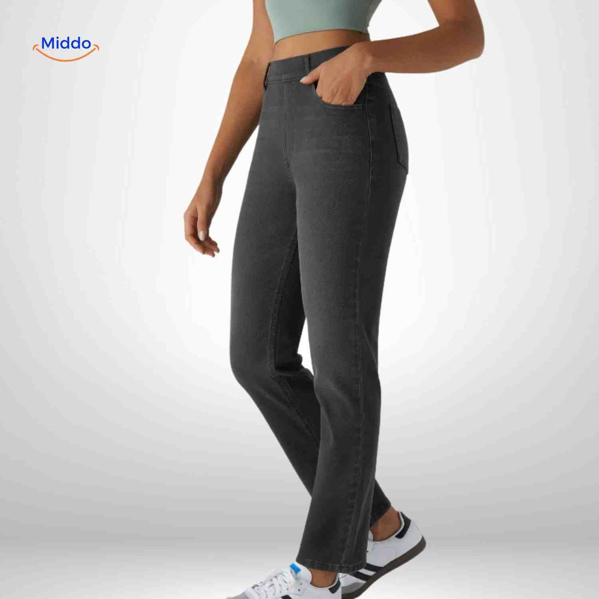 Flexiva Damen Skinny Stretch Jeans Schwarz Seite www.middo.de
