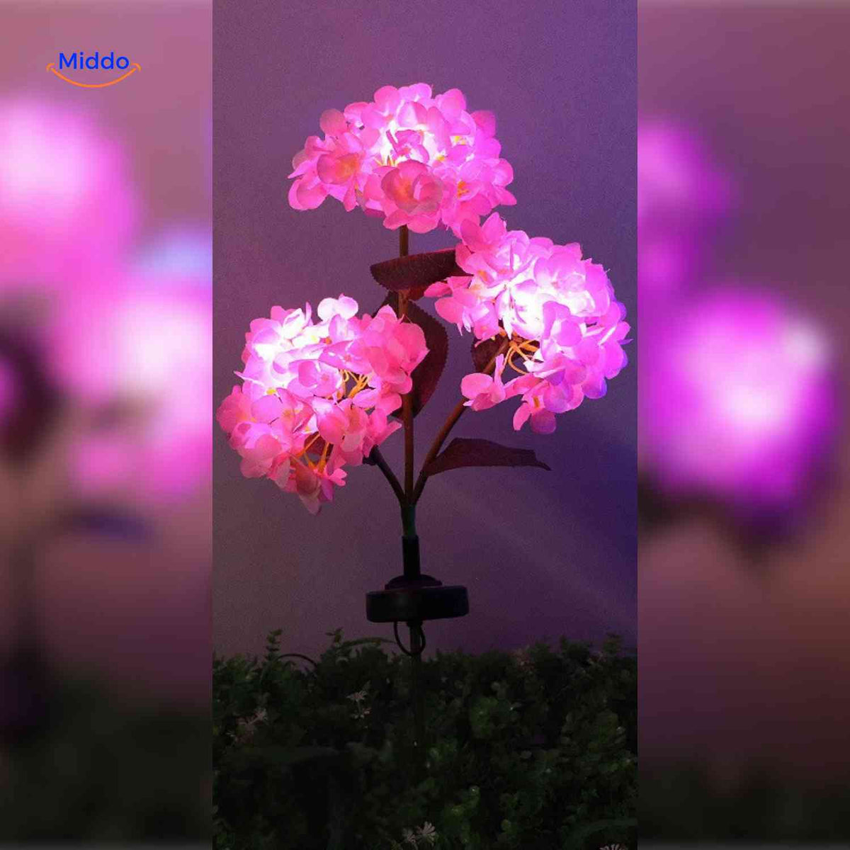 Florora Laterne mit rosa Hortensien, drei Zweige, LED-Lampe | www.middo.de