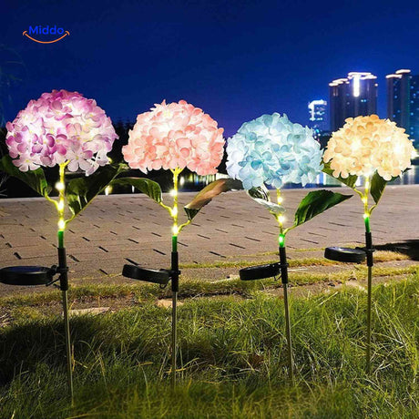 Florora Laterne mit rosenfarbener Hortensie – Solar Gartenbeleuchtung von www.middo.de