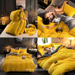 vier Fotos mit Eindrücken von dem gelben Bettbezug