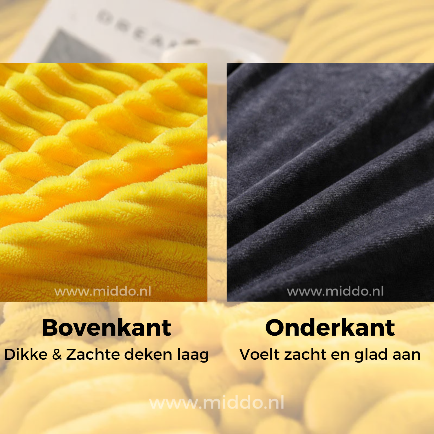 Foto von der Ober- und Unterseite des gelben Samt-Fleece-Bettbezug.