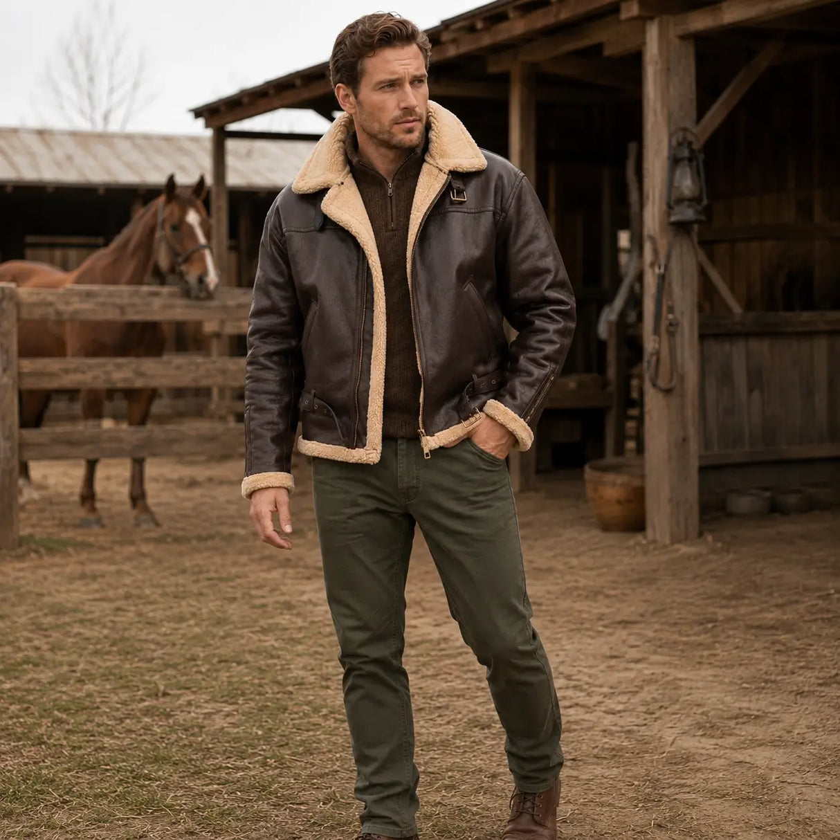 Mann trägt die Furvello Jacke Herren PU-Leder Kunstfell Jacke Vorderseite am Pferdestall