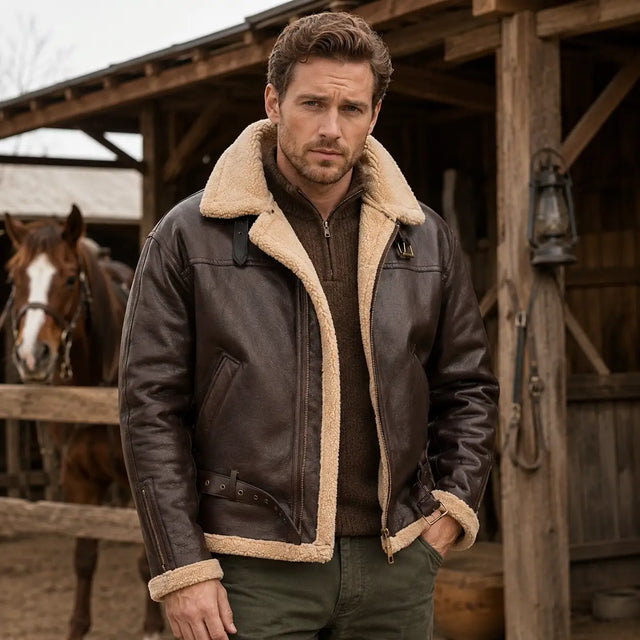 Furvello Jacke Vorderseite braune PU-Leder Kunstfell Jacke Herren