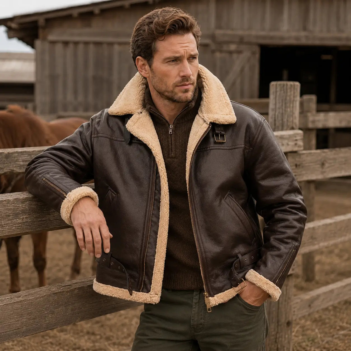 Männliches Modell mit Furvello Kunstfell Winterjacke an einem Holzzaun