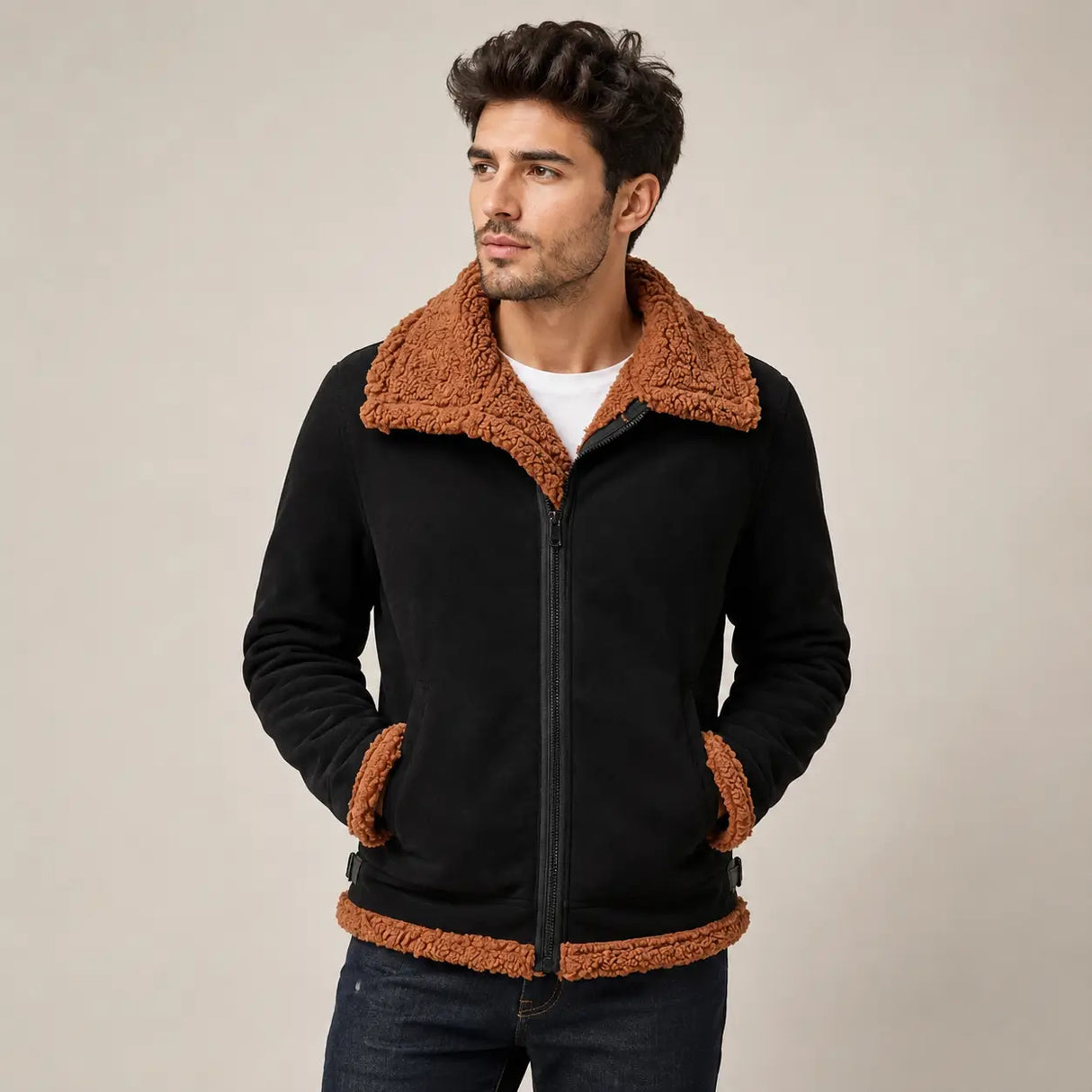 Mann trägt die furvexo Jacke braun mit dickem Futter und umgeschlagenen Ärmeln