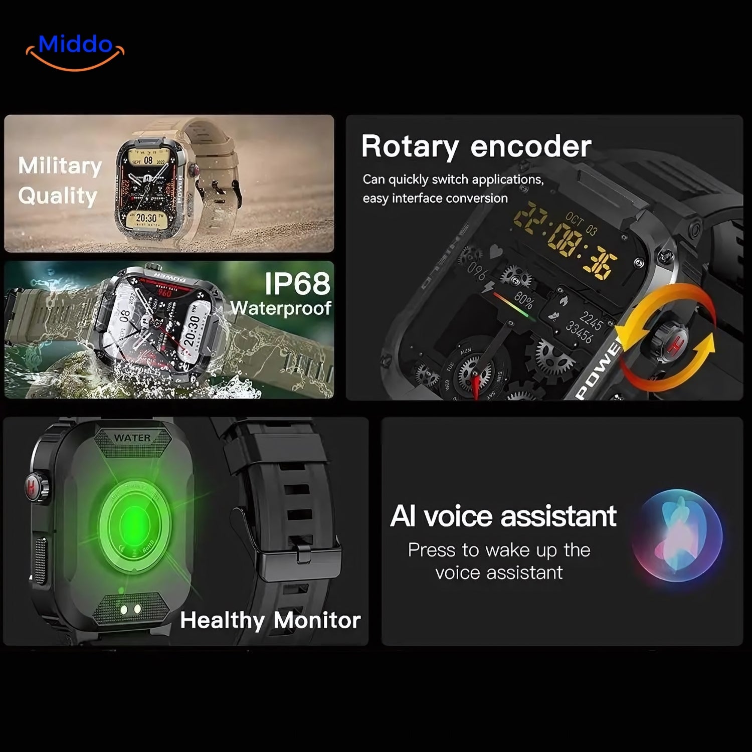 IP68 wasserdichte unzerstörbare Smartwatch für IOS und Android www.middo.de