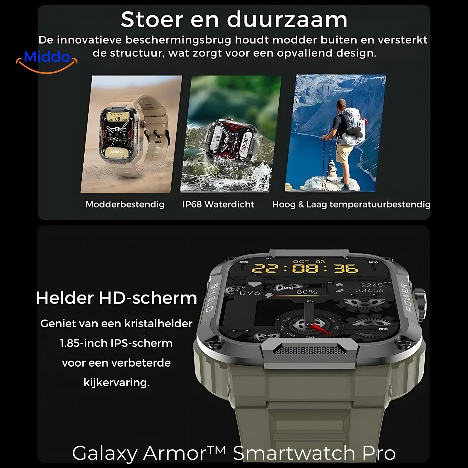Robuste und nachhaltige unverwüstliche Smartwatch www.middo.nl