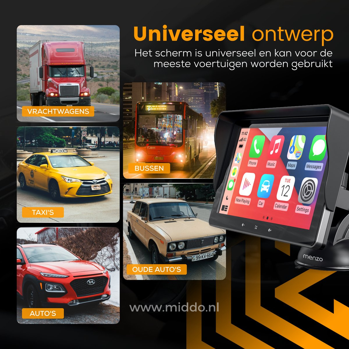 CarPlay mit Bildern von mehreren Fahrzeugen, in denen es verwendet werden kann, wie Bus, Lkw und Auto.
