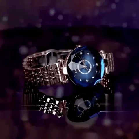 Gif-Animation des EleganceTime™ Damenuhr mit blauem Zifferblatt und goldenem Armband, www.middo.nl