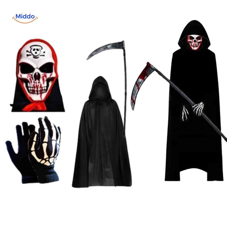 Grimora Set – Halloween-Gruselkostüm mit Umhang und Sense. Besuchen Sie www.middo.de für Ihr unvergessliches Gruselerlebnis!