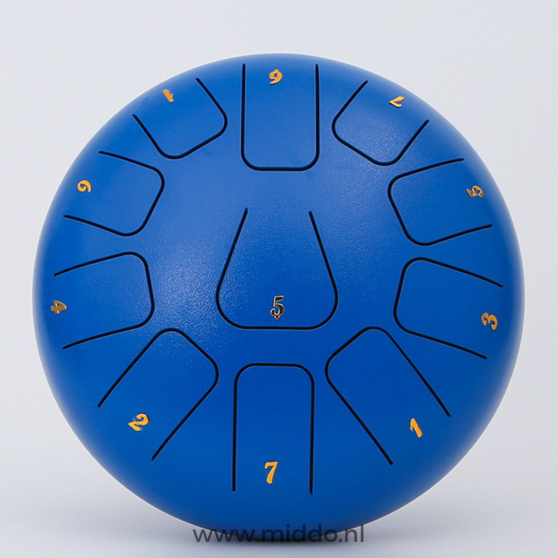 Blauer Stahl Zungentrommel von 20 cm mit Zahlen auf einem weißen Hintergrund