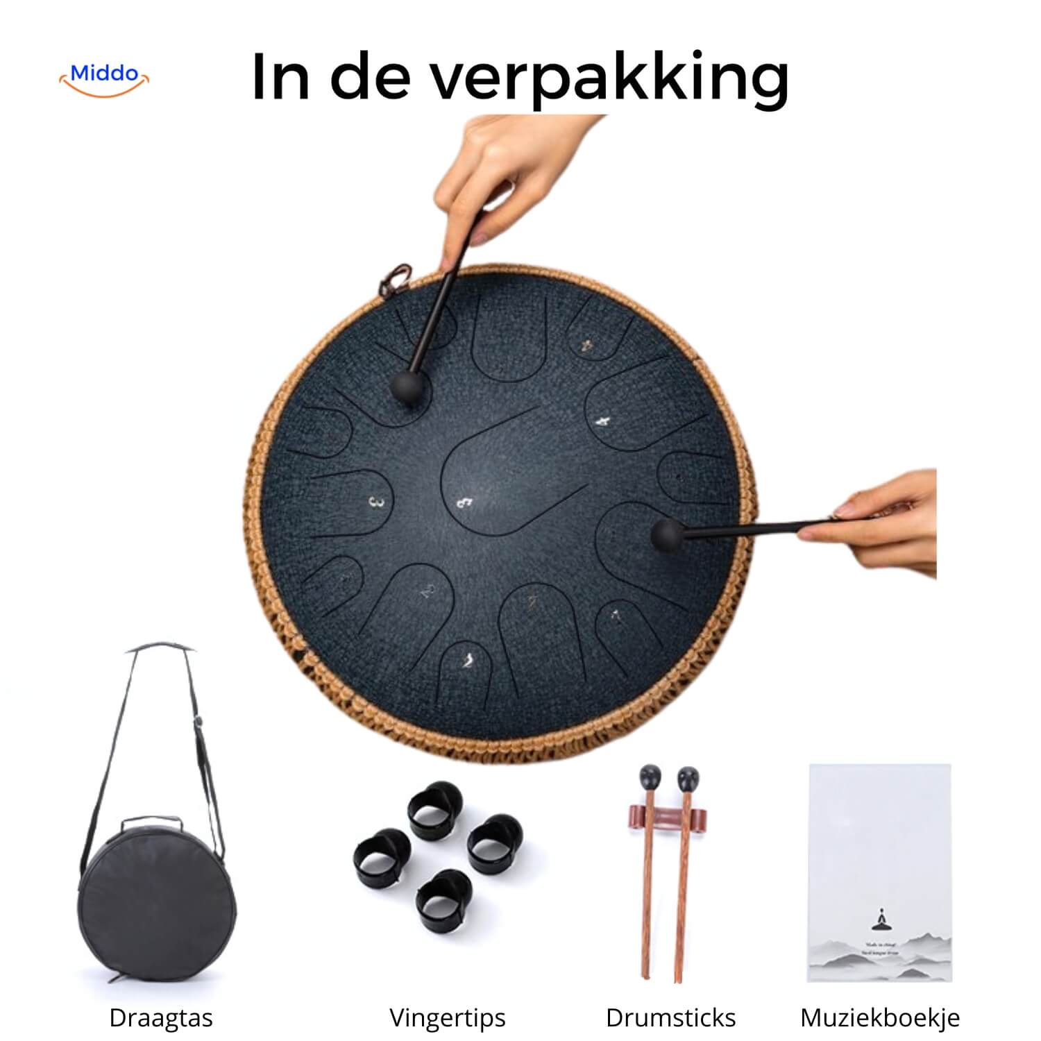 Inhalt der Verpackung des Harmonii KlankOase Steel Tongue Drum mit Zubehör