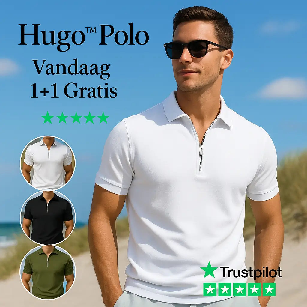 Modell in weißer Polo mit Reißverschluss und Premium-Komfort auf www.middo.nl