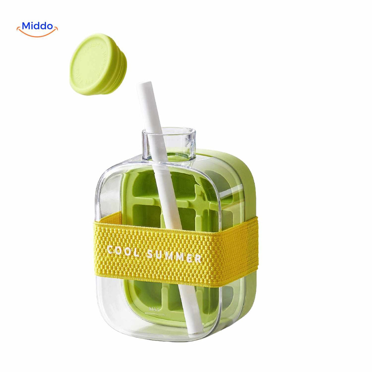 IceNova Flasche grün mit Strohhalm und coolem Sommerband www.middo.de