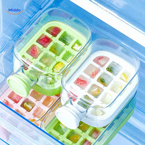 IceNova Flaschenbecher im Gefrierfach mit bunten Fruchtwürfeln, dreifaches Design