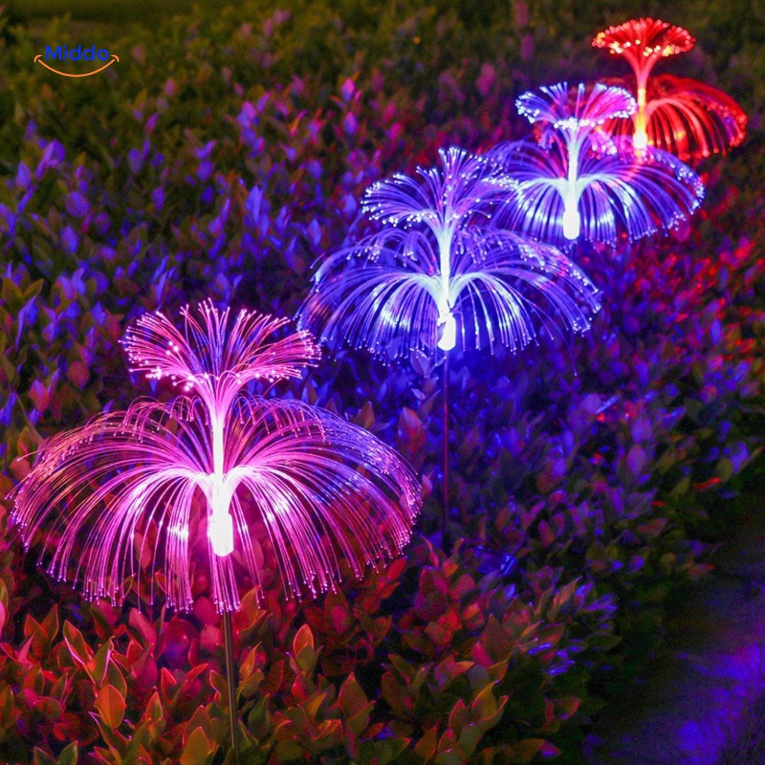 JellyGlow Solar Fontänenlicht mit rosa, blauen und roten Farben www.middo.nl