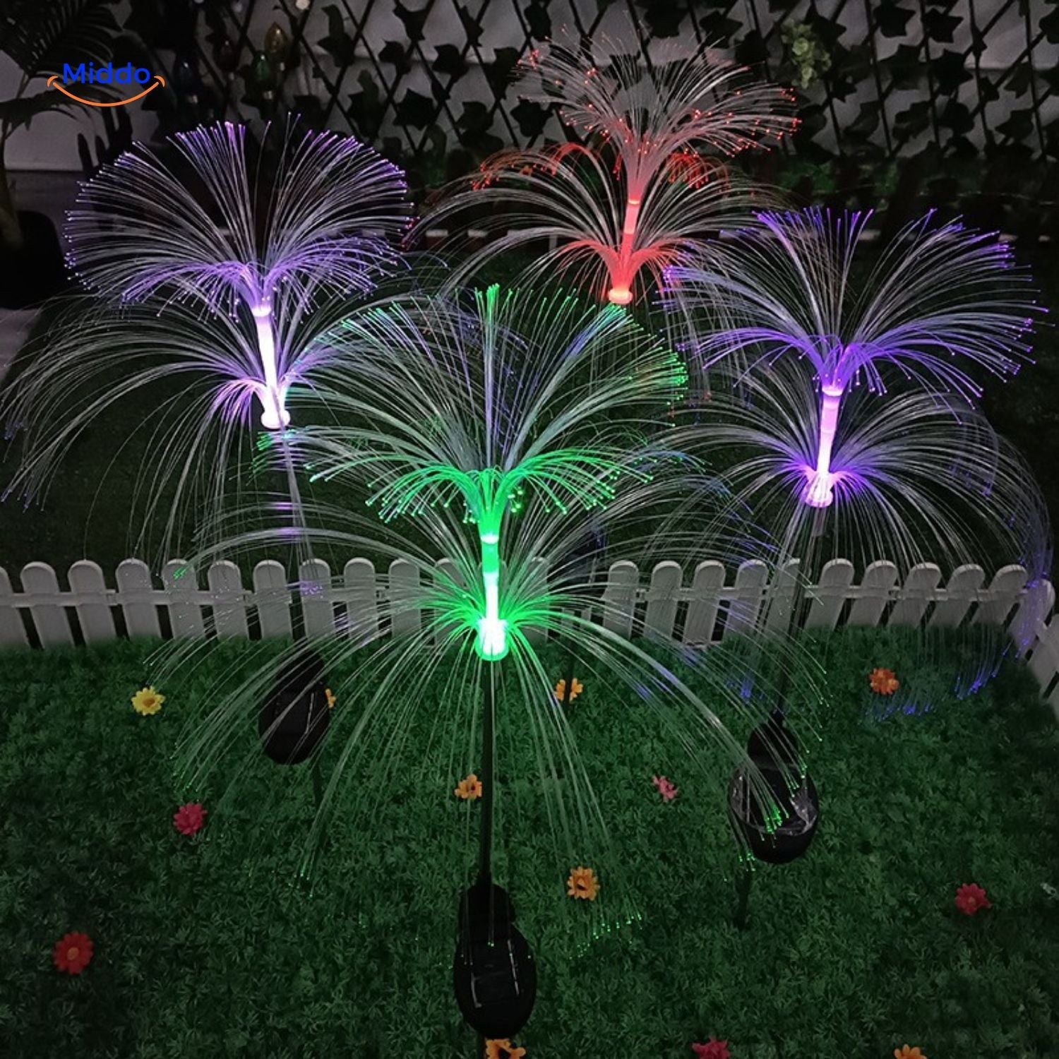 JellyGlow Solar Fontäne mit lila und grünen Lampen www.middo.nl