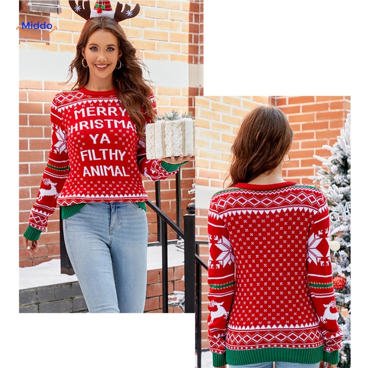 Jingle Knit Pullover Frohe Weihnachten, du dreckiges Tier rot www.middo.nl