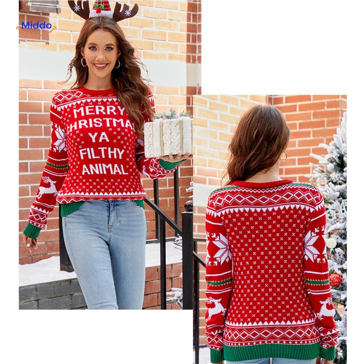 Jingle Knit Pullover Frohe Weihnachten, du dreckiges Tier rot