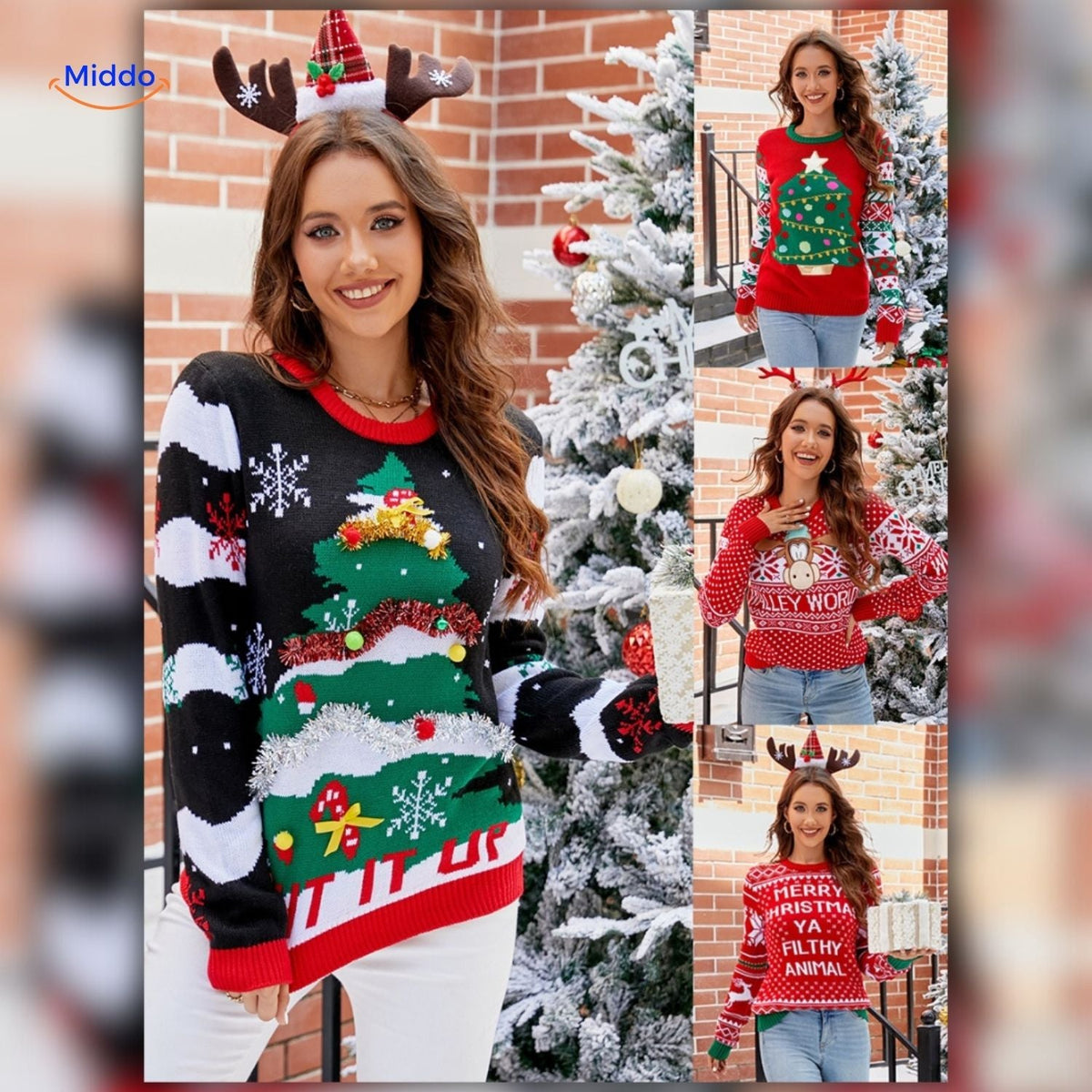 Jingle Knit Pullover rot mit Rentierdesign