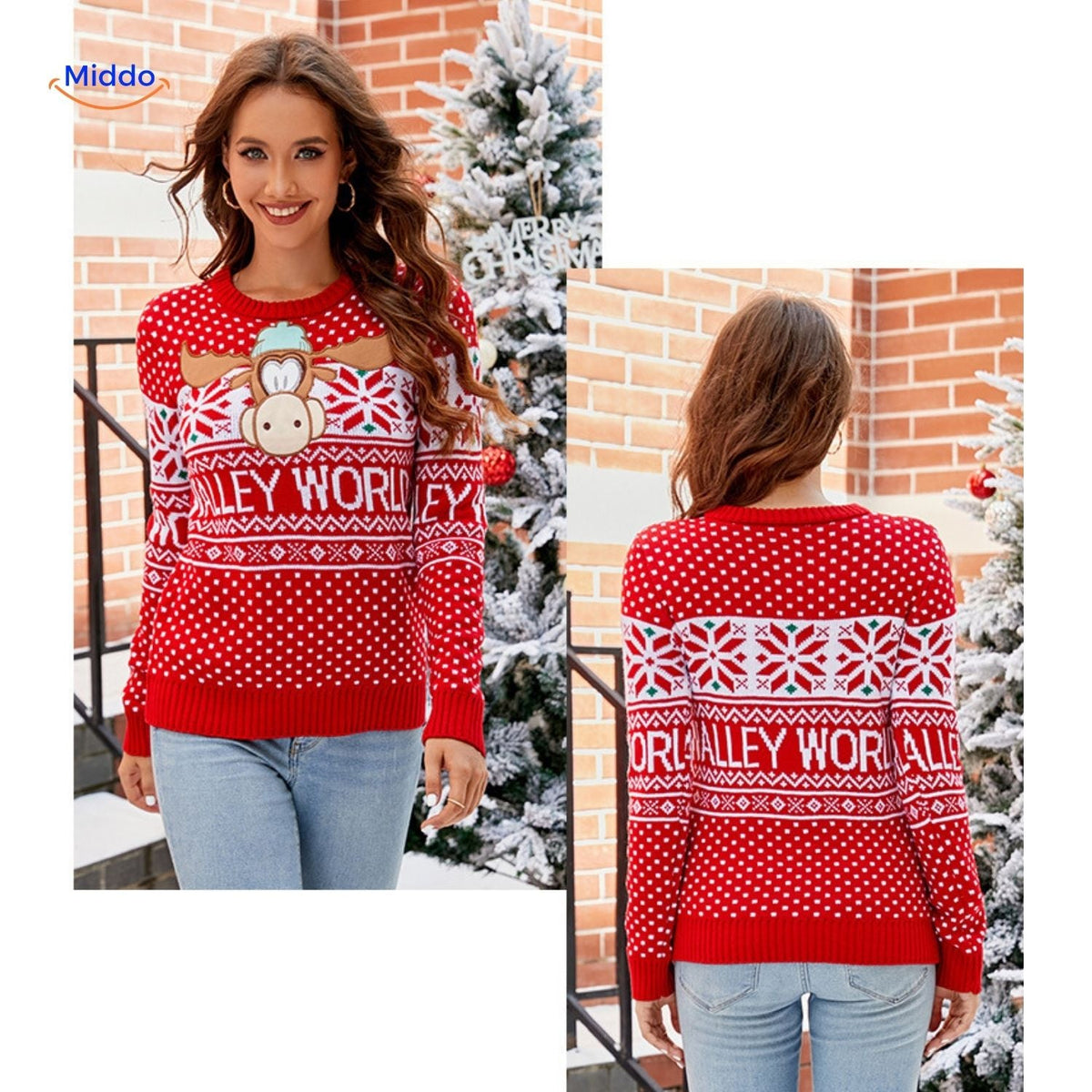 Jingle Knit Pullover rot mit Schneeflocken und Weihnachtsdekoration
