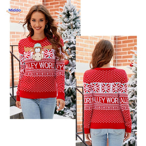 Jingle Knit Pullover rot mit Schneeflocken und Weihnachtsdekoration