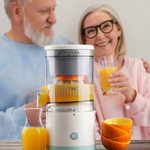Glückliche Menschen verwenden die Juice-O-Matic Saftpresse.