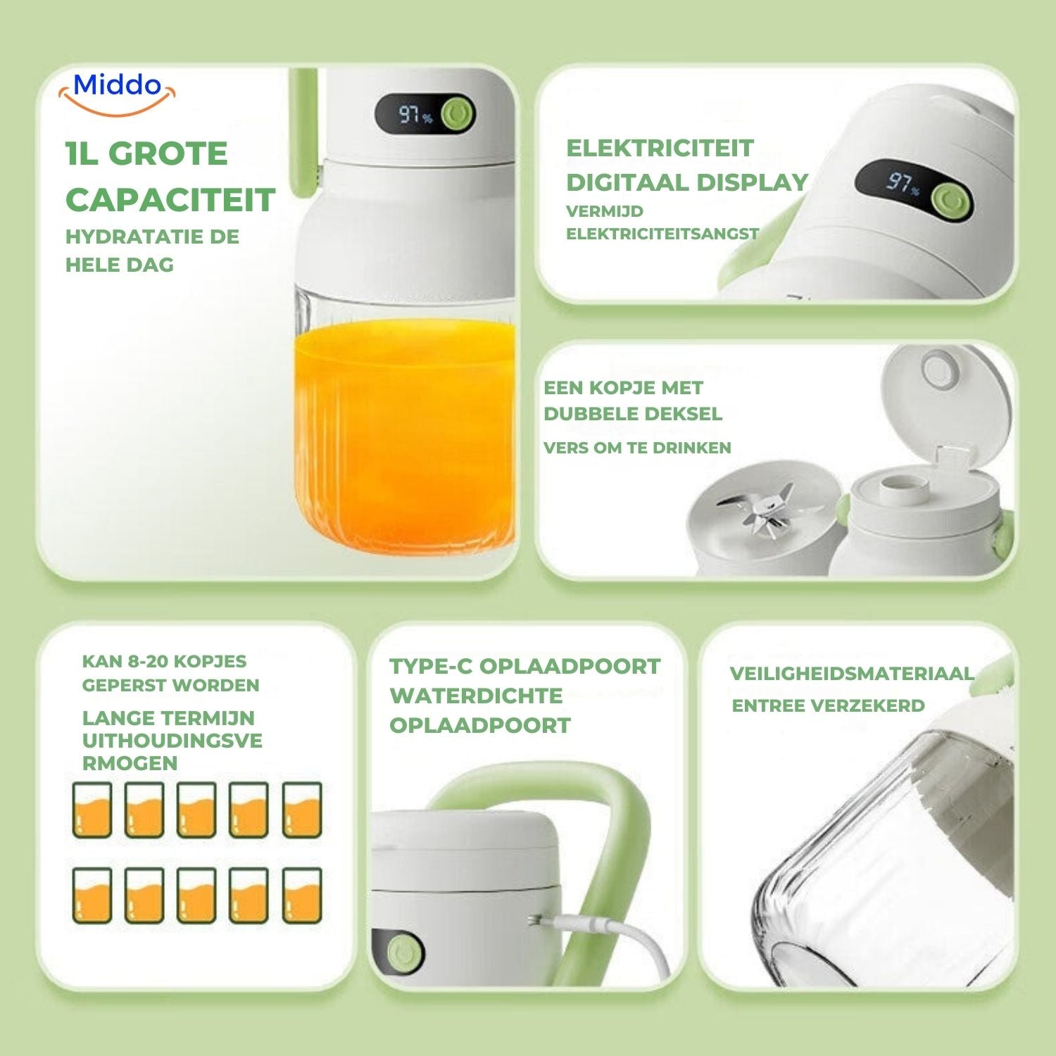 JuiceX kabelloser Mixer mit großer Kapazität und doppeltem Deckel www.middo.nl