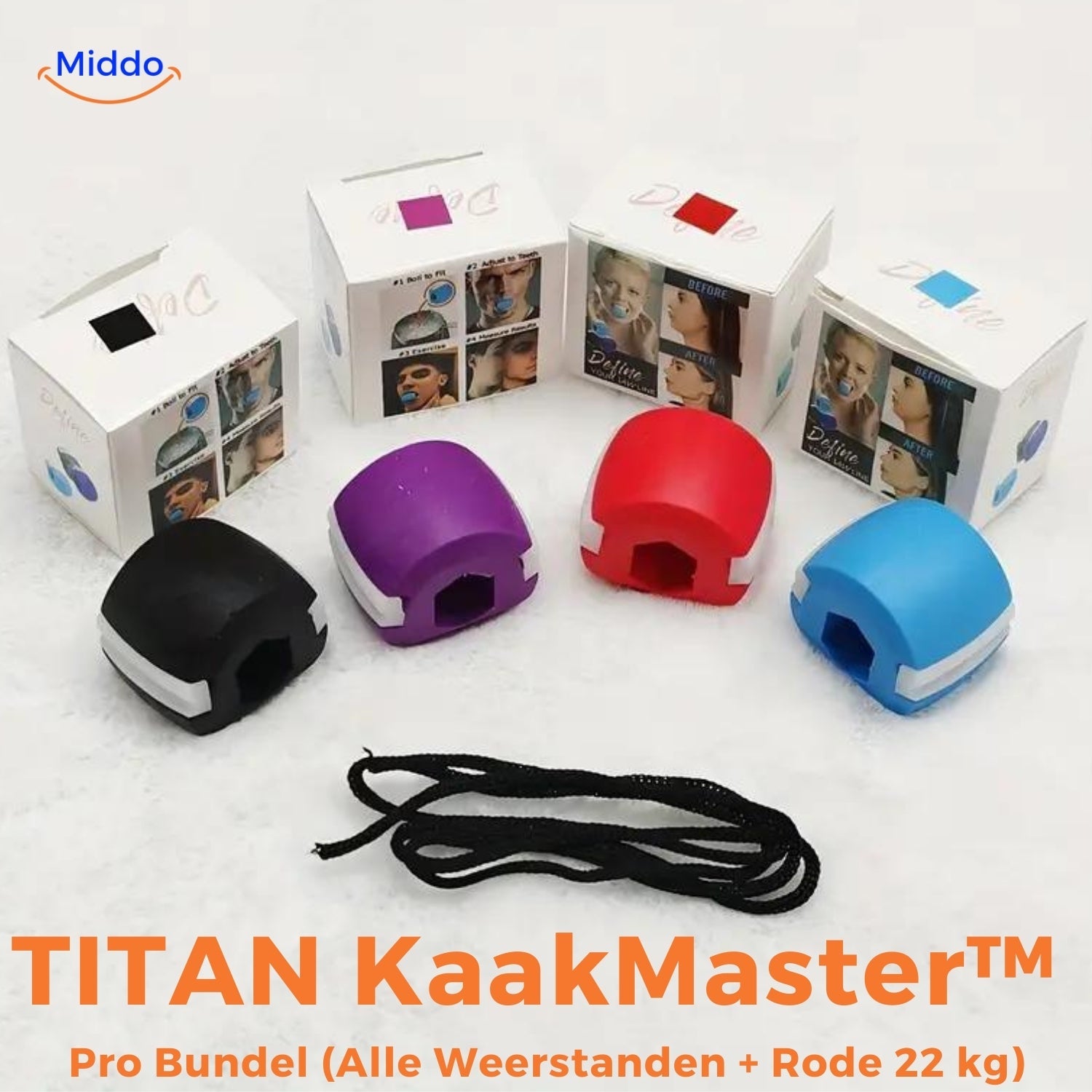 Verschiedene Farben und Widerstände des KaakMaster Pro Kiefertrainers.