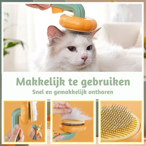 Katze, die mit einer selbstreinigenden Bürste gebürstet wird