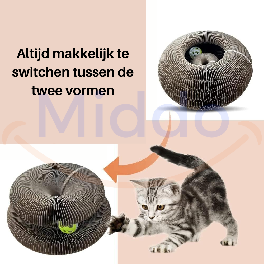 Katze spielt und wechselt zwischen den verschiedenen Stufen des Kratzbaums