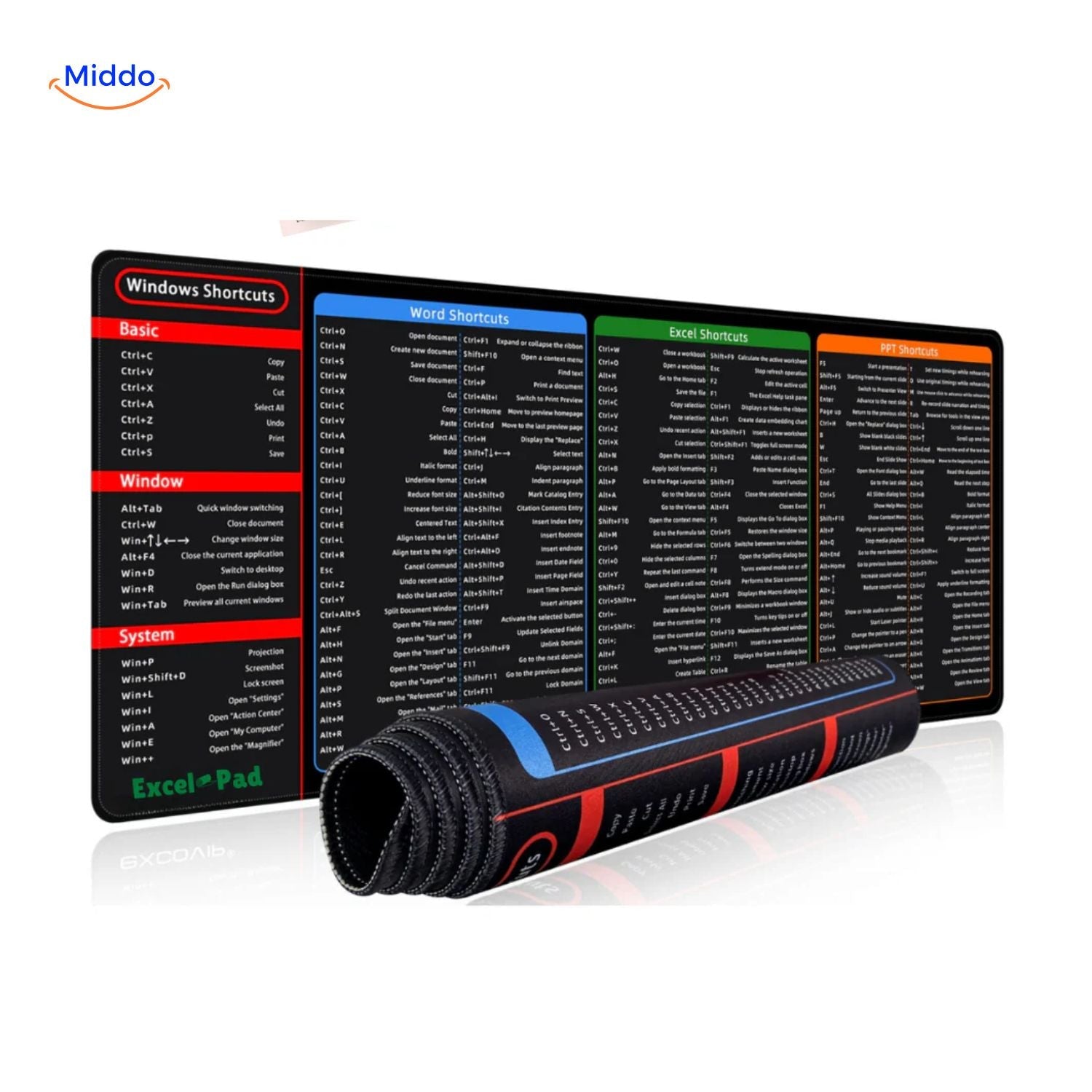 Lernopad Mauspad Windows Word Excel PowerPoint Tastenkombinationen komplette Bürohilfe www.middo.de