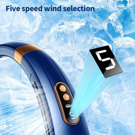 Blauer Nackenventilator 2.0 PRO zeigt fünf Geschwindigkeiten, ideal zur Abkühlung bei Hitze