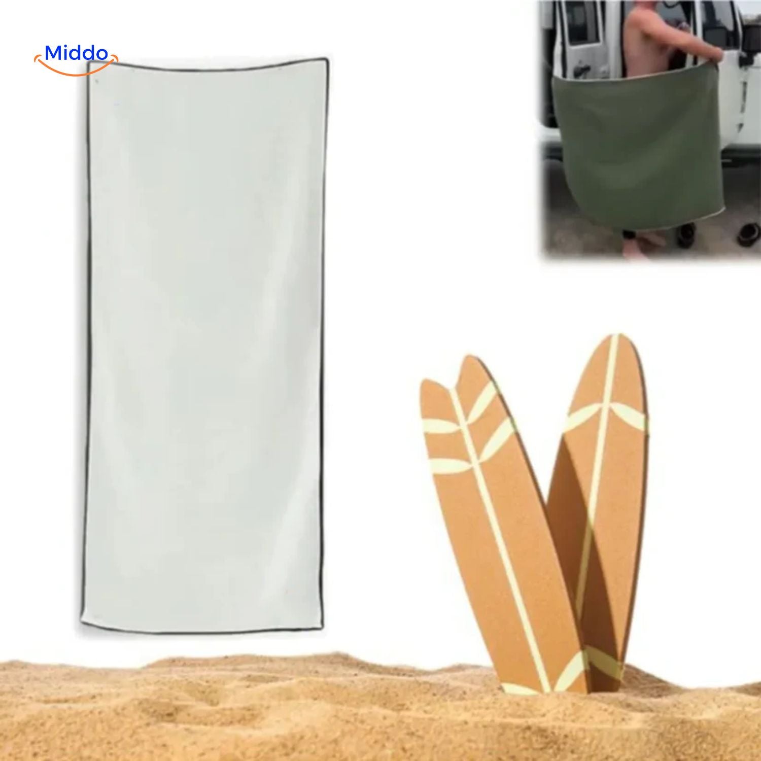 MagnaTowel Strand weiße Handtücher mit Magneten und Surfboards www.middo.de