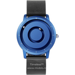 Blaues Uhr mit schwarzem Meshband und minimalistischem Design.