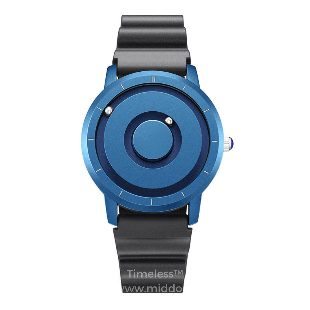 Blaues Uhr mit schwarzem Silikonarmband und minimalistischer Gestaltung.