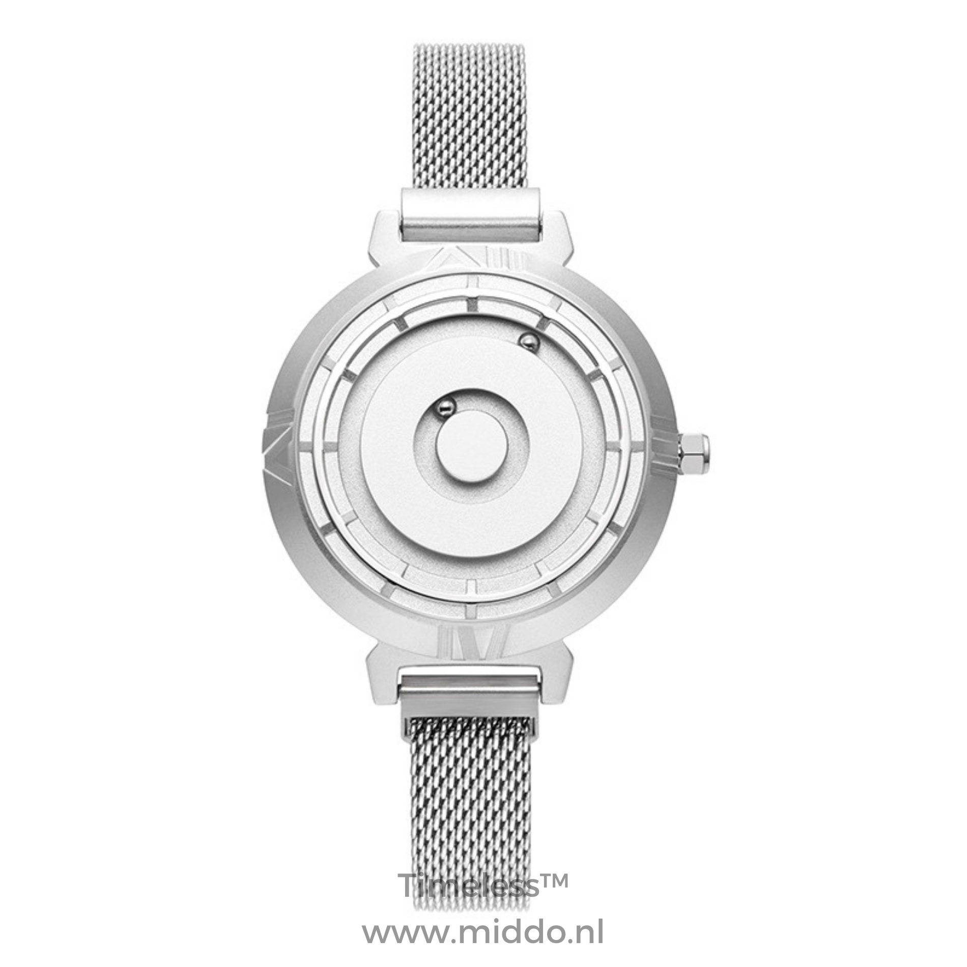 Silberne Uhr mit Meshband und elegantem Design für Damen.