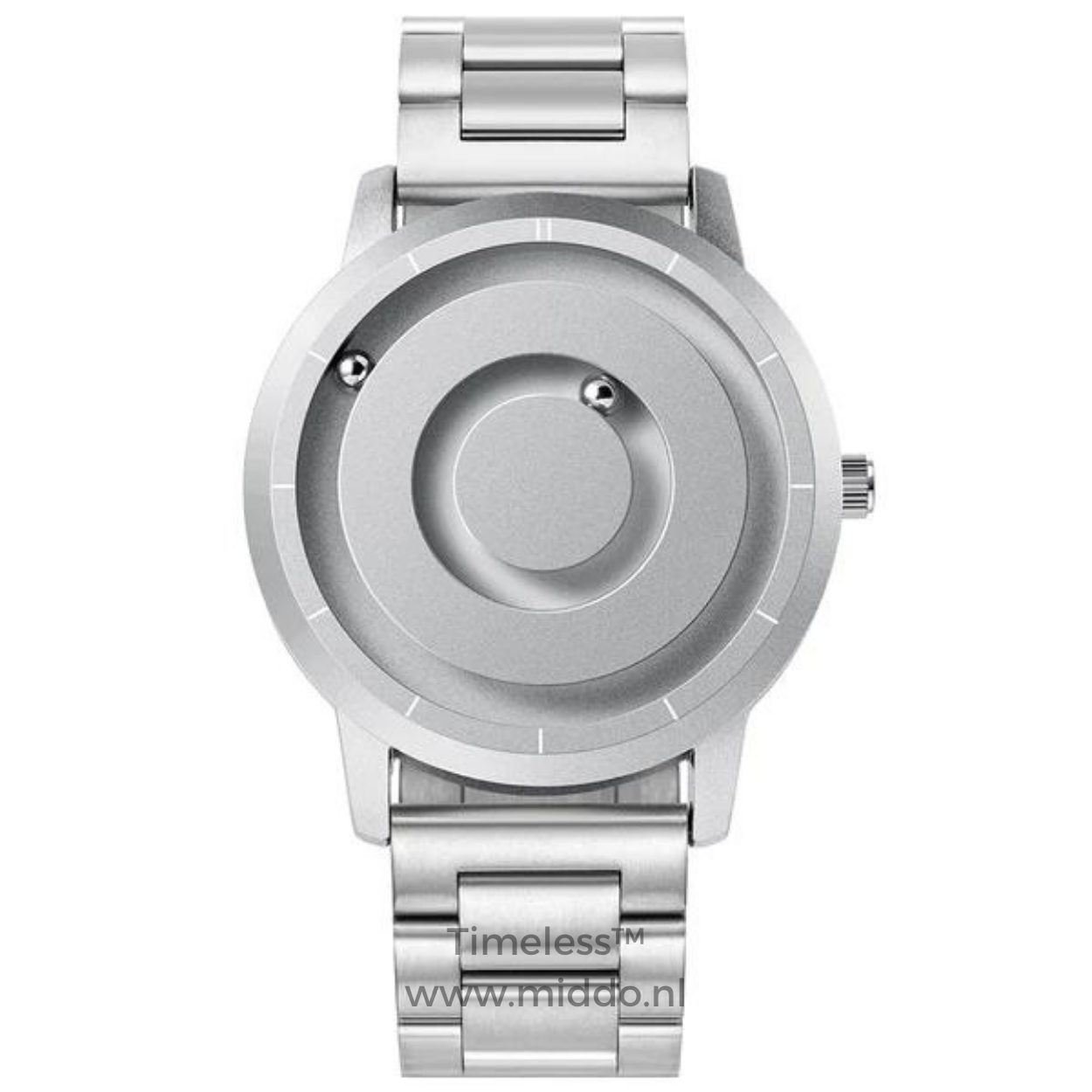Silberne Uhr mit Stahlarmband und minimalistischem Design.