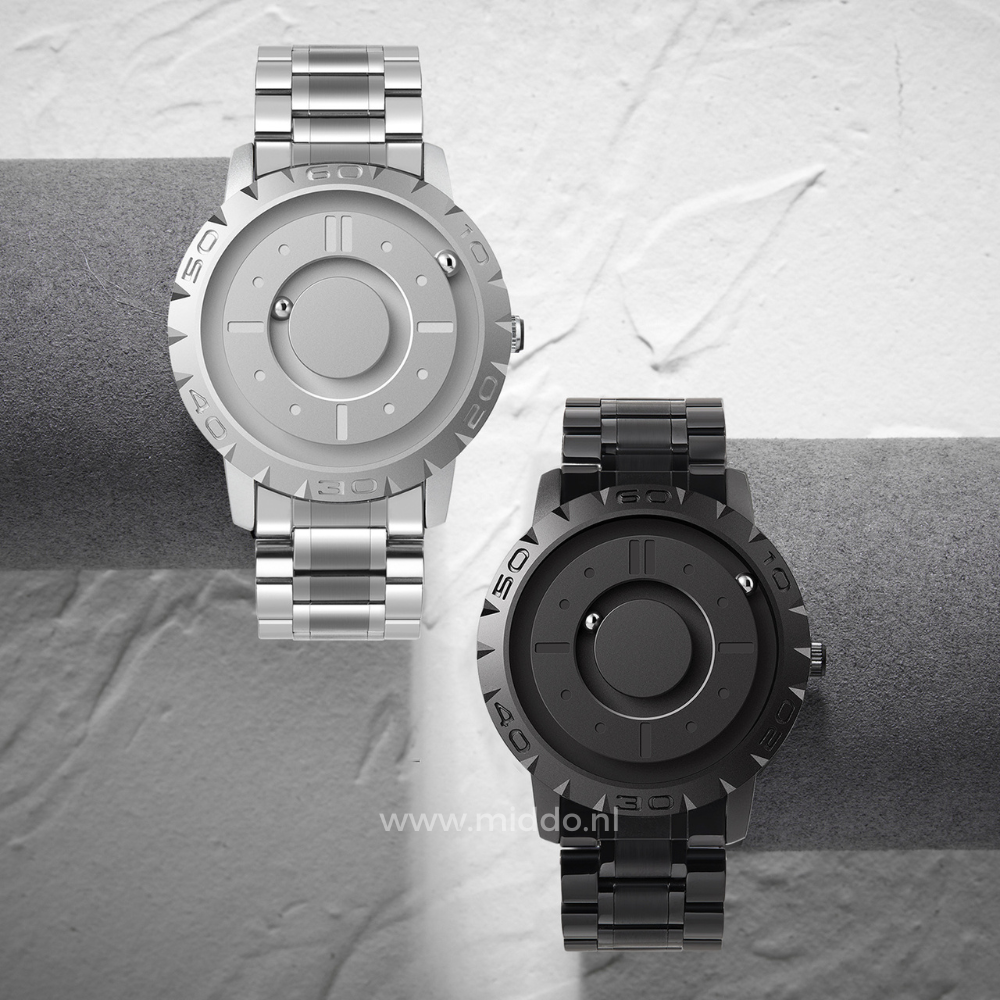 Silberne und schwarze Uhr nebeneinander auf einem grauen Hintergrund.