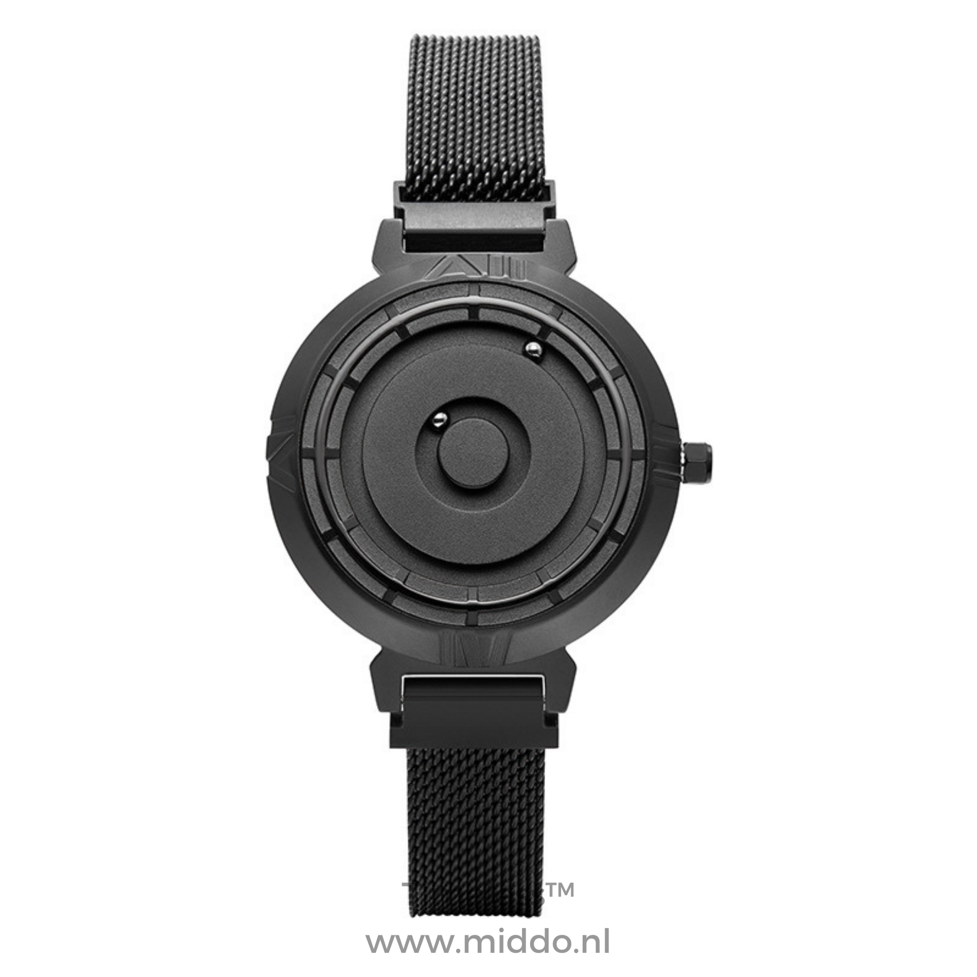 Schwarze Uhr mit Meshband und minimalistischem Design für Damen.
